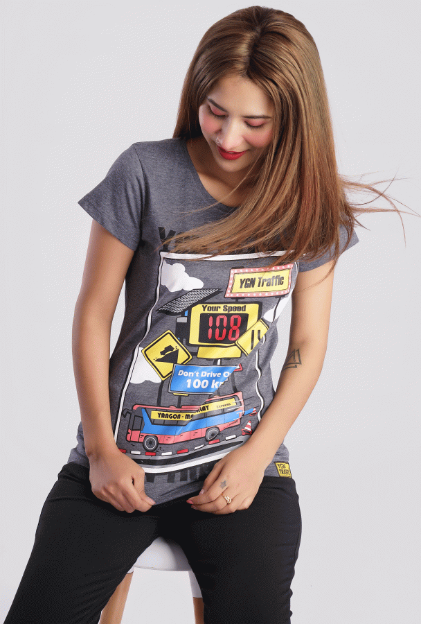 Highway Express Design Printed Girl T-shirt(Gray)